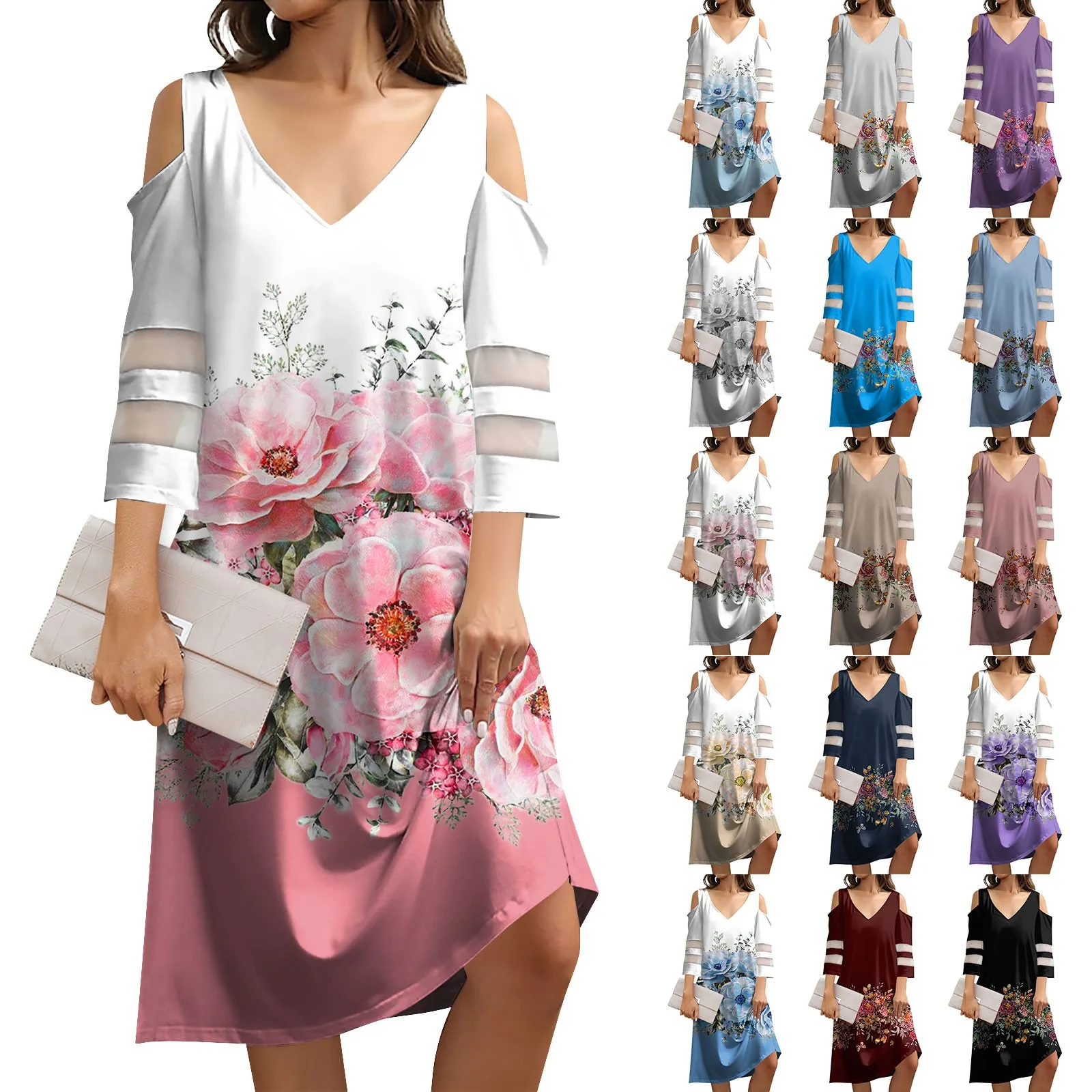 

Women's Summer V-neck Dresses Vintage Solid Color Printed Splicing Strapless Dress Seven Sleeve Casual Dresses vestidos