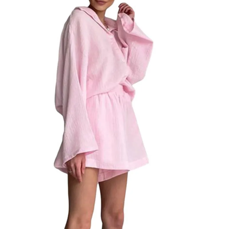 Summer Fall Loose Pajamas Sets Women Solid Color Buttons Lapel Neck Shirt Tops + Elastic Casual Shorts Home Sleepwear Lounge Set
Summer Fall Loose Pajamas Sets Women Solid Color Buttons Lapel Neck Shirt Tops + Elastic Casual Shorts Home Sleepwear Lounge Set