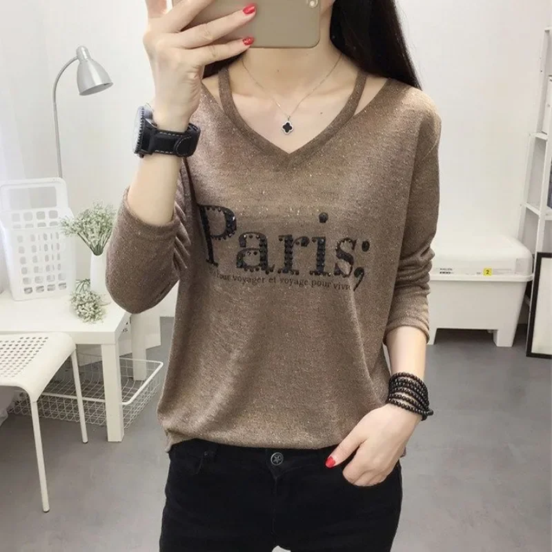 

2024Women's Spring and Autumn New Fashion Round Neck Letter Printing Casual Versatile Long Sleeve Slim Fit Short T-shirt Tops