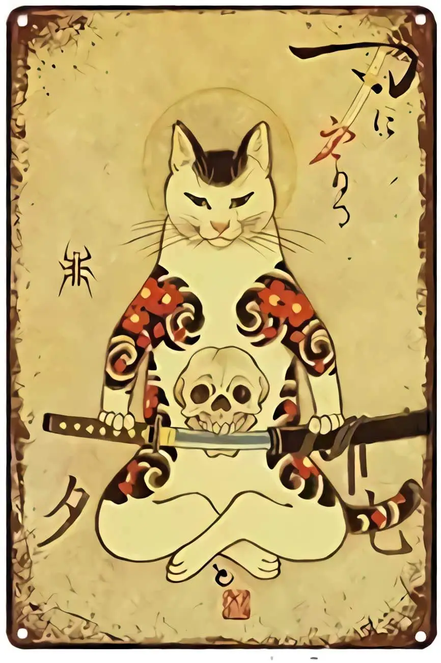 

Vintage New Poster Japanese Ninja Samurai Cat Tattoo Metal Tin Sign 8x12 Inch Retro Home Cafe Office Art Bar Pub Garage Classic