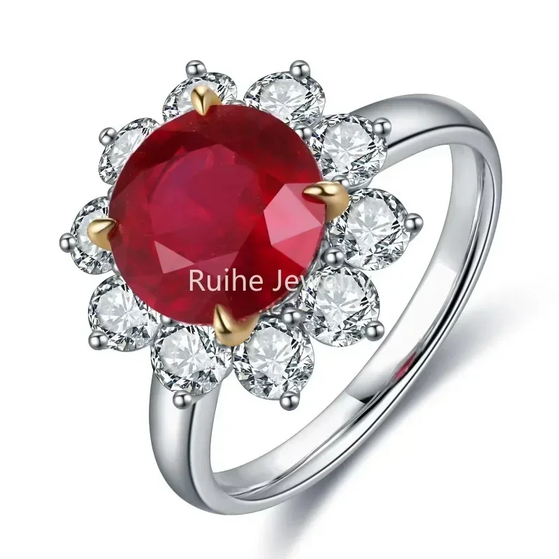 

Ruihe Custom Luxury 18k Gold 3.88ct Natural Filled Ruby with Moissanite Ring Fashion Jewelry for Women Engagementring Christmas