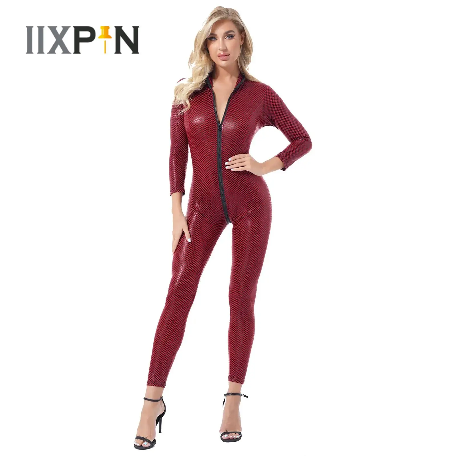 

Women Crotchless Patent Leather Plaid Bodysuit Jumpsuit Club Costume Long Sleeve Zipper Open Crotch Skinny Catsuit with G-string