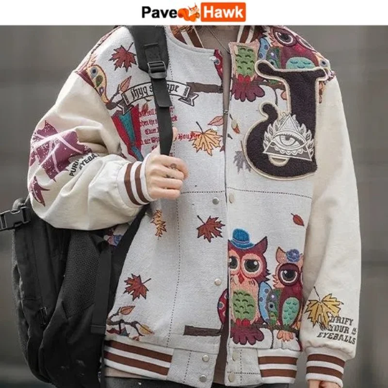 Men's Baseball Jacket Heavy Industry Owl Letter Embroidery Bomber Jackets Loose Coat Unisex Autumn Winter Motorcycle Outwear
Men's Baseball Jacket Heavy Industry Owl Letter Embroidery Bomber Jackets Loose Coat Unisex Autumn Winter Motorcycle Outwear