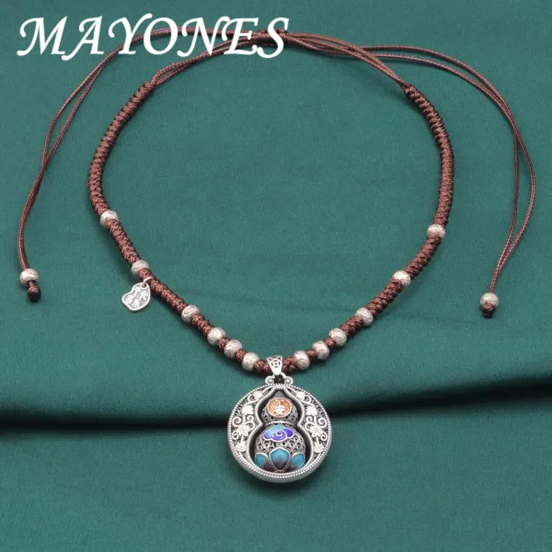 

MAYONES 925 Sterling Silver Enamel Hollow Circular Gourd Fish Pendant Necklace Vintage Handmade Woven Chain For Women XL083