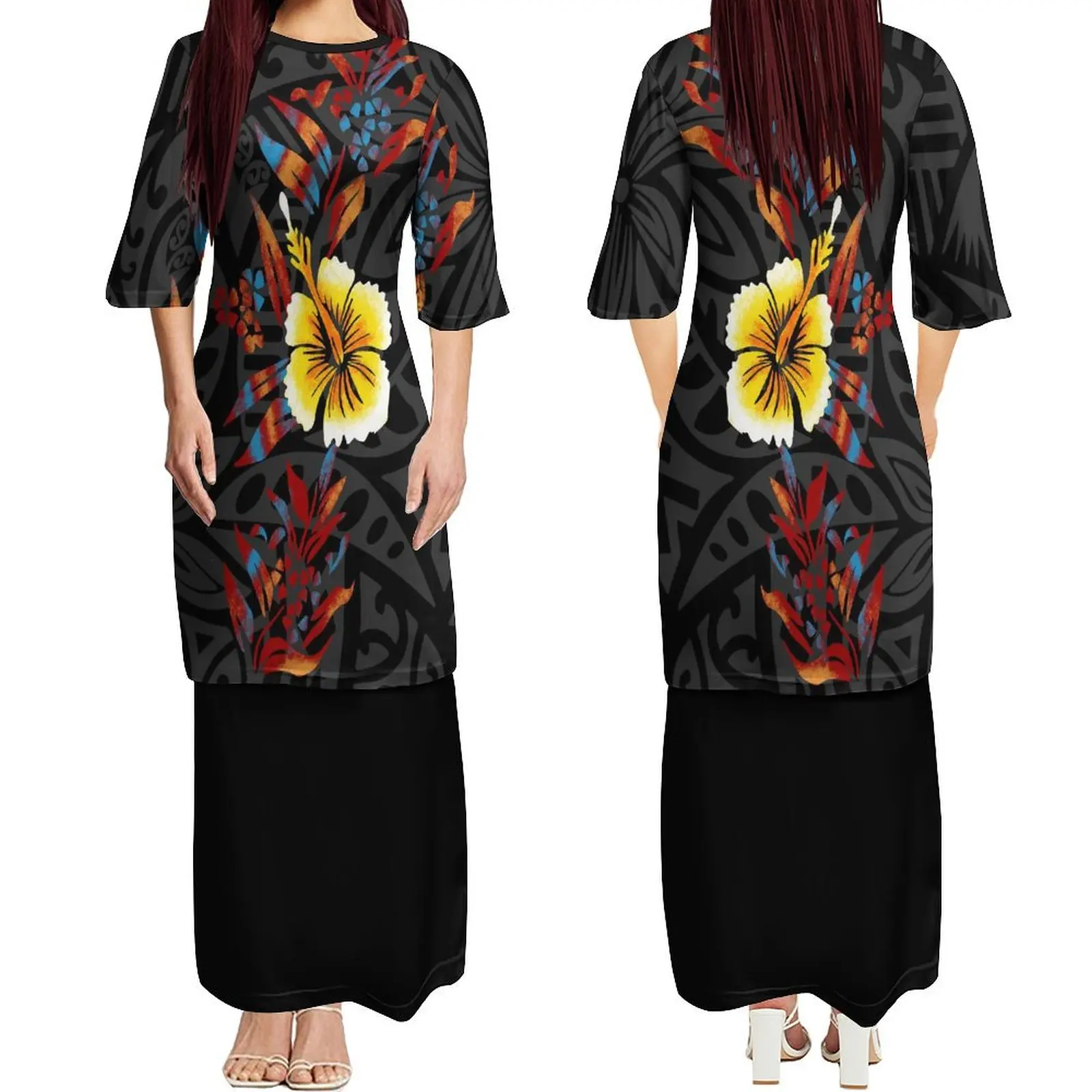 

Custom Patterned Polynesian Ladies Elegant Dress Samoan Tribe O Collar Puletasi Half Sleeve Dress Two-Piece Set