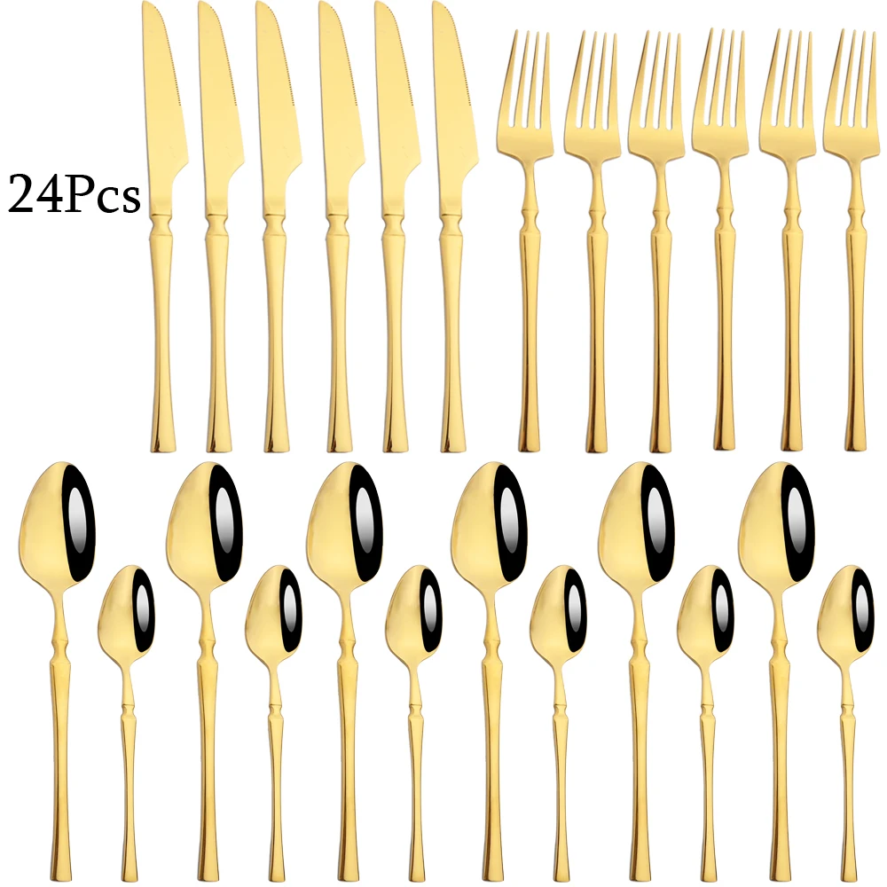 

Zoseil 24Pcs Gold Cutlery Set Mirror Stainless Steel Silverware Knife Cake Fork Tea Spoon Flatware Kitchen Tableware Dinnerware