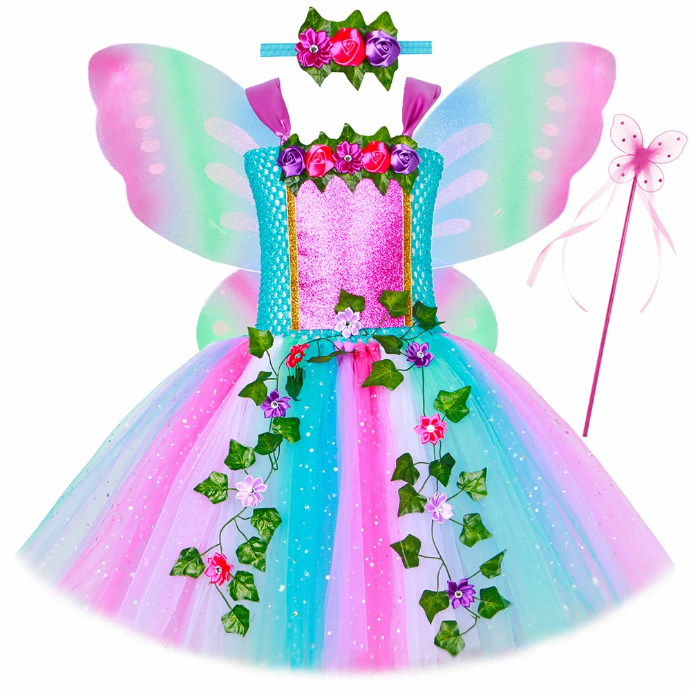 

Girls Glitter Fairy Tutu Dress Woodland Forest Ivy Flower Fairy Costume for Kids Girls Birthday Party Princess Dresses Ball Gown