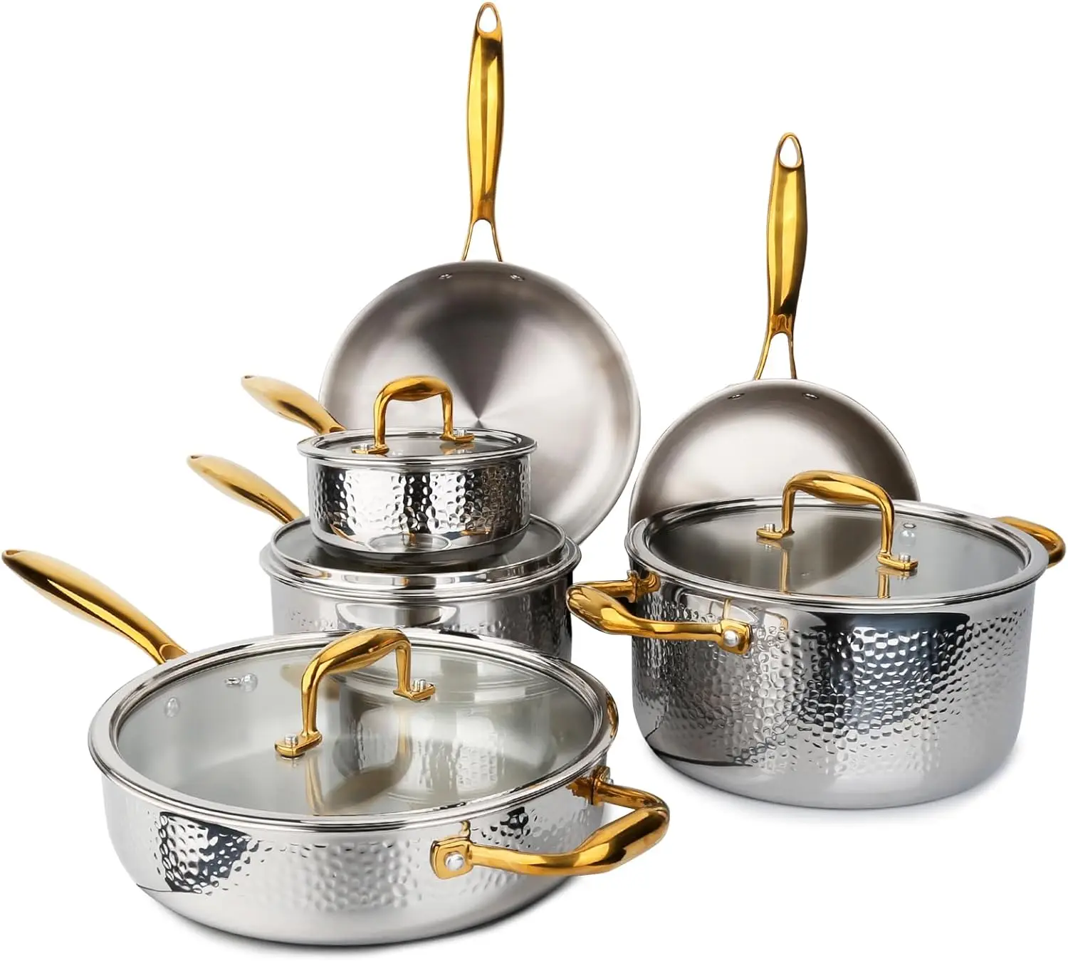 imarku Stainless Steel Pots and Pans Set, 10-Piece Tri-Ply Hammered Stainless Steel Cookware Set with Gold Handle
imarku Stainless Steel Pots and Pans Set, 10-Piece Tri-Ply Hammered Stainless Steel Cookware Set with Gold Handle