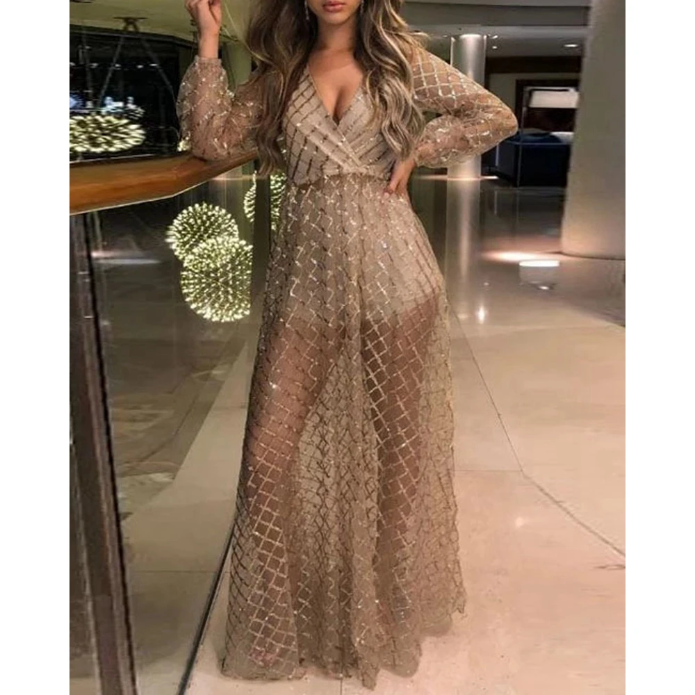 

Women Sheer Mesh Glitter Design Plunge Maxi Party Dress Sexy Femme Long Sleeve Evening Dress Birthday y2k Vestidos Elegant