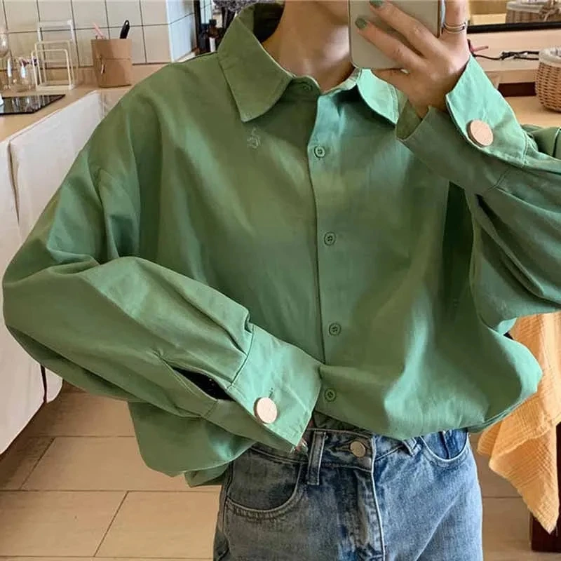 

Spring Women Korean Vintage Hong Kong Flavor Loose Long Sleeved Shirt Female Student Mid Length Cardigan Blouse Shirts Tops Coat