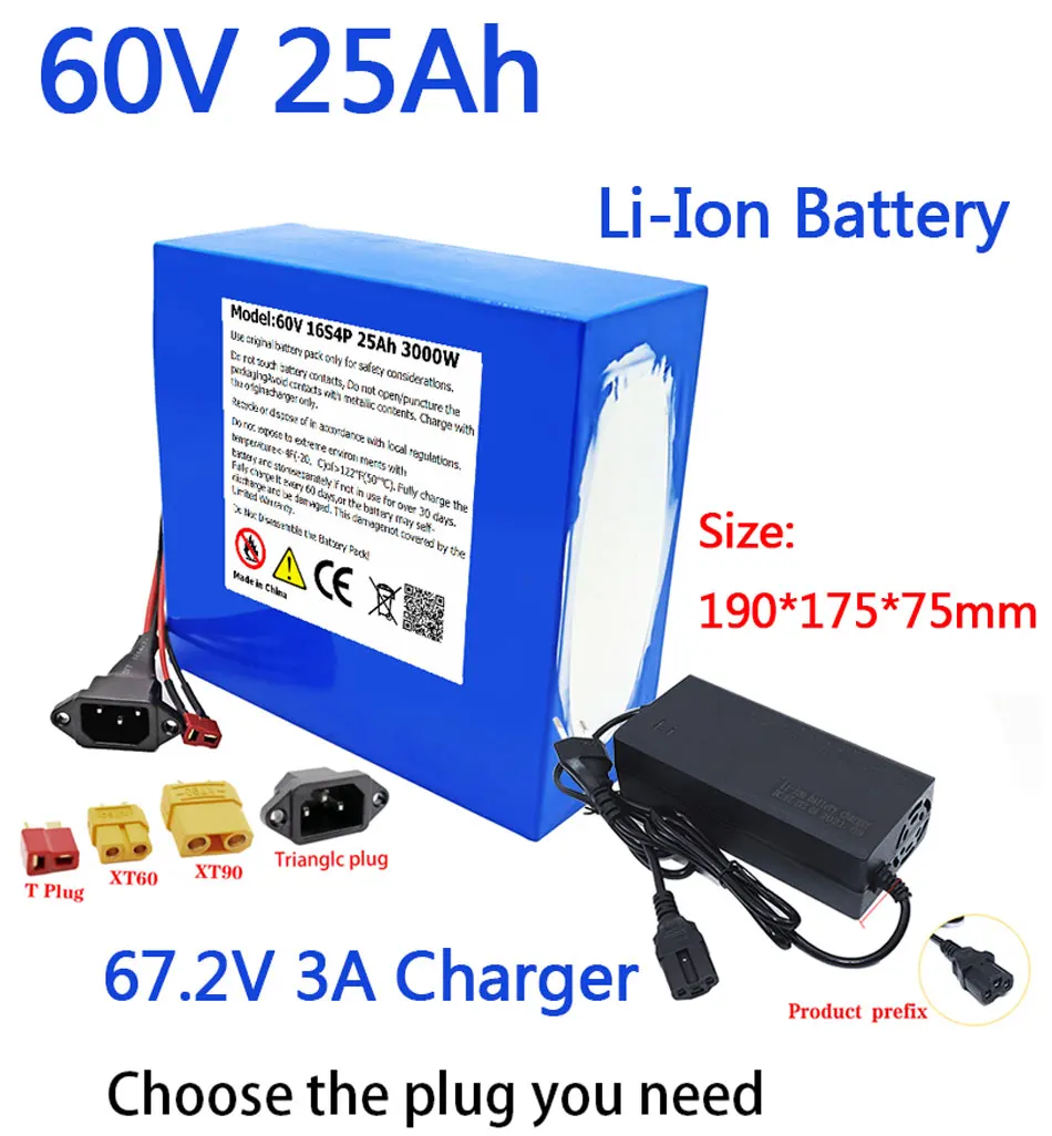 60V 25AH Electric Bike 21700 Battery for Scooter Motorcycle 67.2V 16S4P 3000W rechargeable battery with same port BMS+charger
60V 25AH Electric Bike 21700 Battery for Scooter Motorcycle 67.2V 16S4P 3000W rechargeable battery with same port BMS+charger