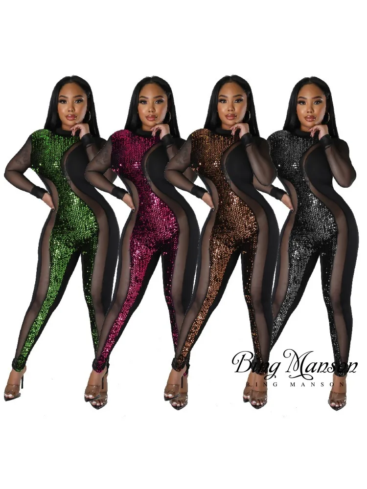 

Autumn and Winter Beaded Fashion New Women's Wear Solid Color Long Nightclub Sequins Perspective Mesh Sexy Party Dress Jumpsuit