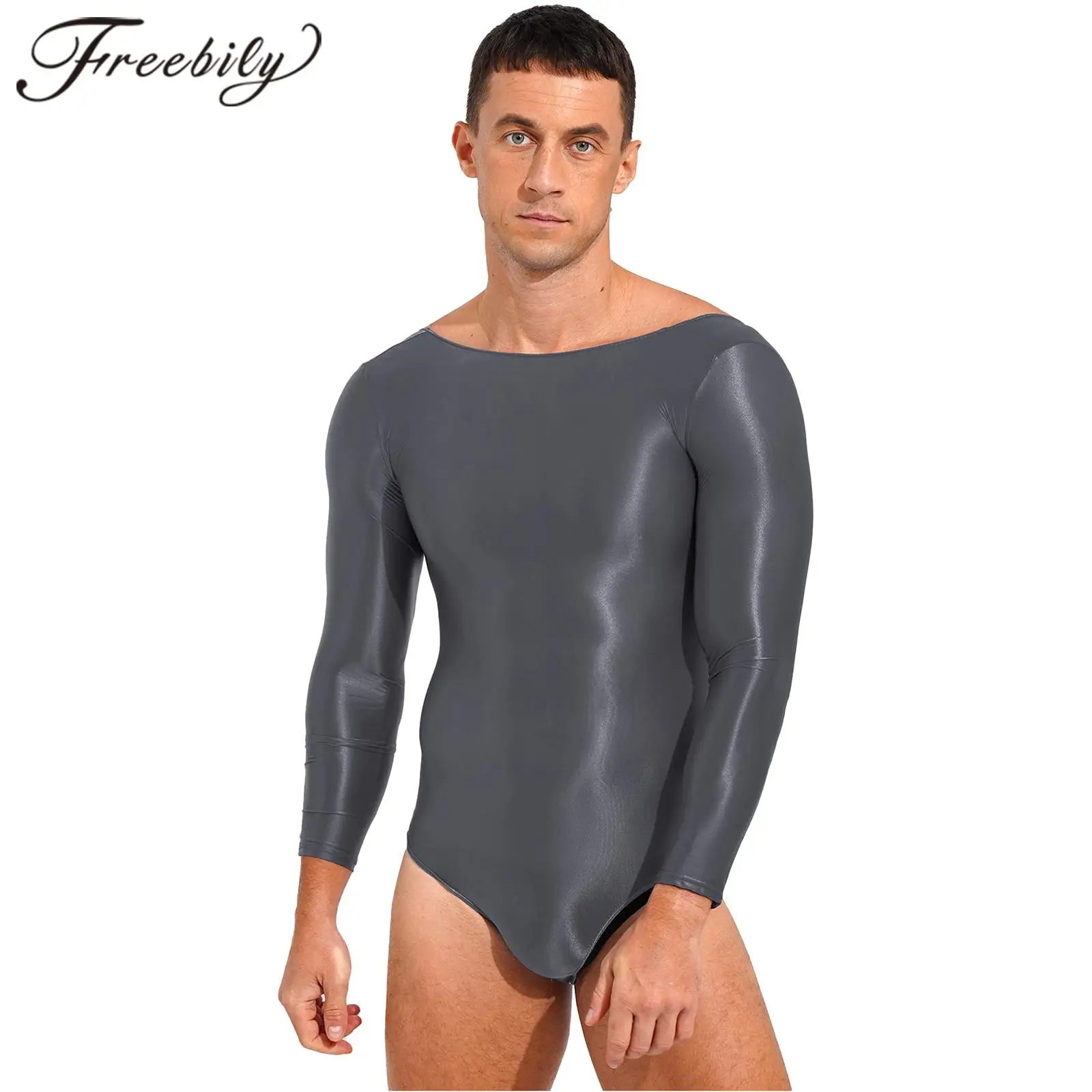 

One Piece Glossy Bodysuit for Men, Stretchy Lingerie, Semi See Through, Long Sleeve, Backless Gymnastics Leotard, Male Swimwear