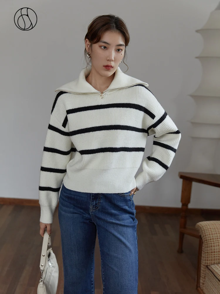 DUSHU Winter Thickened Half-open Zipper Lapel Striped Sweater Women Slim Black White Striped Loose Short Knit Sweater Women Tops
DUSHU Winter Thickened Half-open Zipper Lapel Striped Sweater Women Slim Black White Striped Loose Short Knit Sweater Women Tops