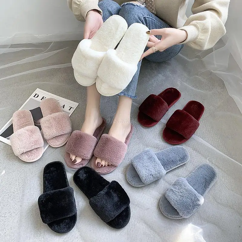 

2022 Winter Women House Slippers Faux Fur Warm Slide Fluffy Flat Shoes Female Slip on Home Furry Ladies Slippers