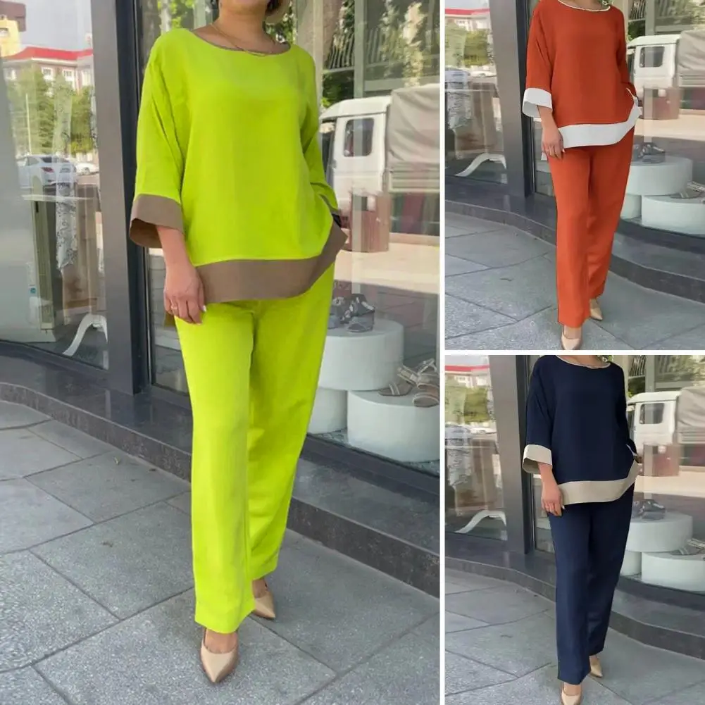 

Women Top Slacks Set Stylish Women's Top Pants Set with Round Neck Three Quarter Sleeves Contrast Color T-shirt High for A