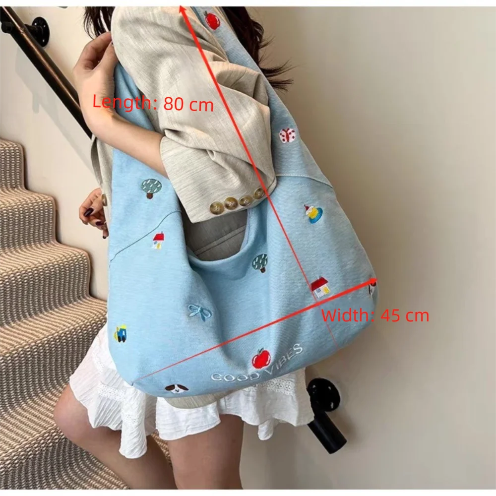 Zipper Closure Shoulder Bag Embroidered Design Korean Style Canvas Bag Sweet Style Cute Design Large-capacity Bag Class Use Zipper Closure Shoulder Bag Embroidered Design Korean Style Canvas Bag Sweet Style Cute Design Large-capacity Bag Class Use