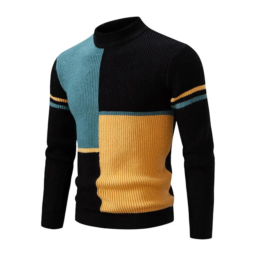 

Long Sleeve Color-blocked Top Colorblock Knitted Men's Sweater with Half-high Collar Slim Fit Warmth for Fall Winter Long Sleeve