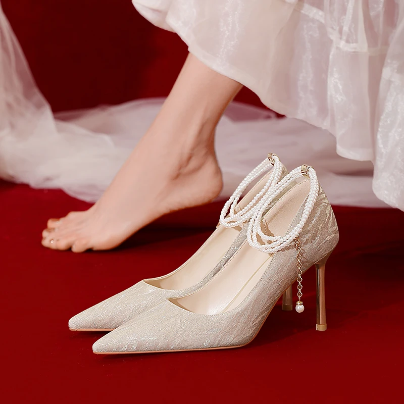 

Glass Slipper Wedding Shoes Bride Dress Pump Pearl Ankle Bandage Strap Women French Style Stiletto High Heels Sequin Upper Cloth
