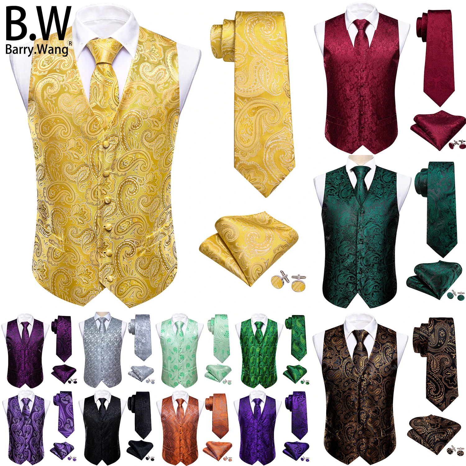 

Barry.Wang Silk Men Vest Tie Hanky Cufflinks Set 100 Colors Jacquard Paisley Floral Waistcoat Sleeveless Jacket Wedding Business