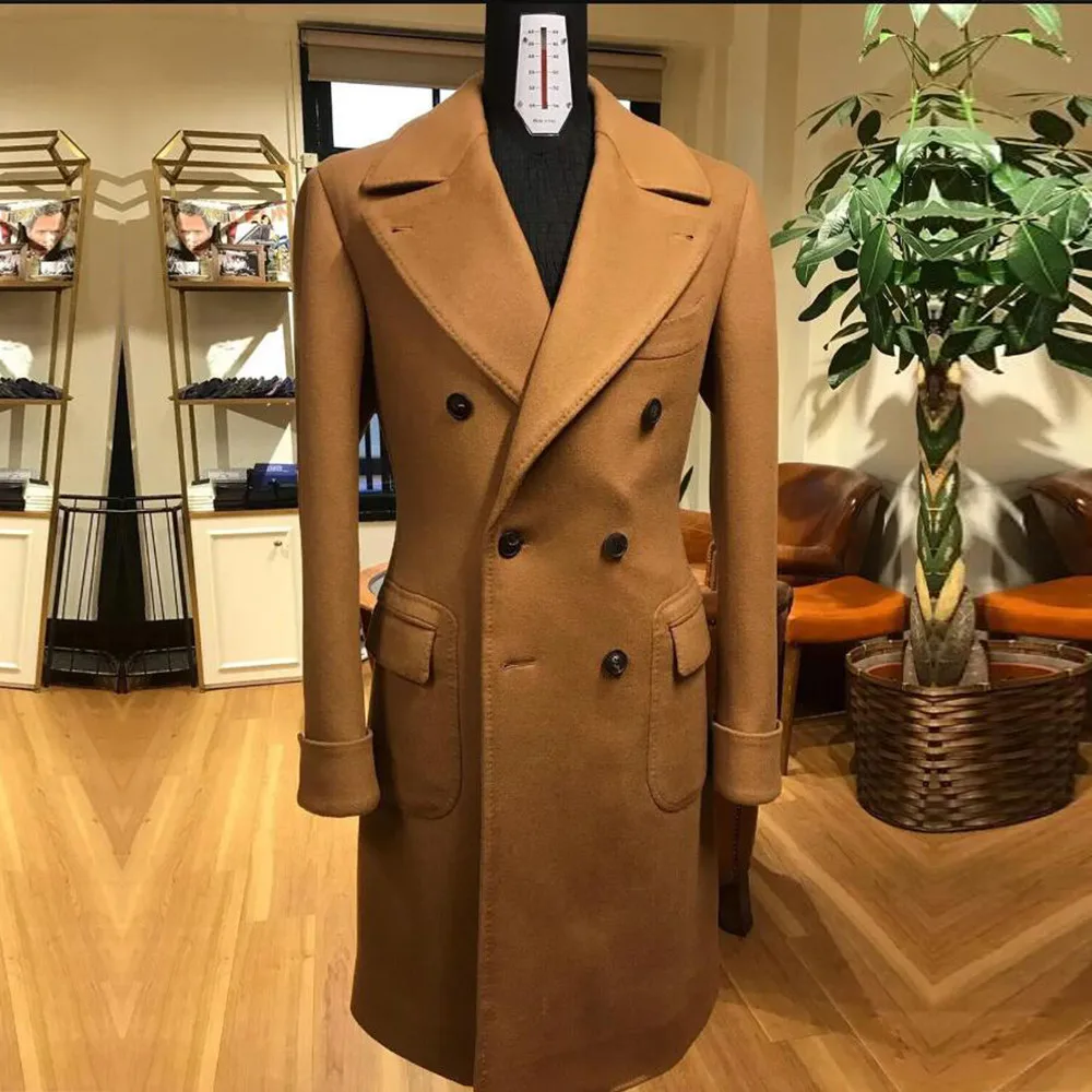 

Classic Double Breasted Men's Suit Jackets Woolen Thick Overcoat Custom Made Peaked Lapel Pocket Winter Warm Trench Coat Daily