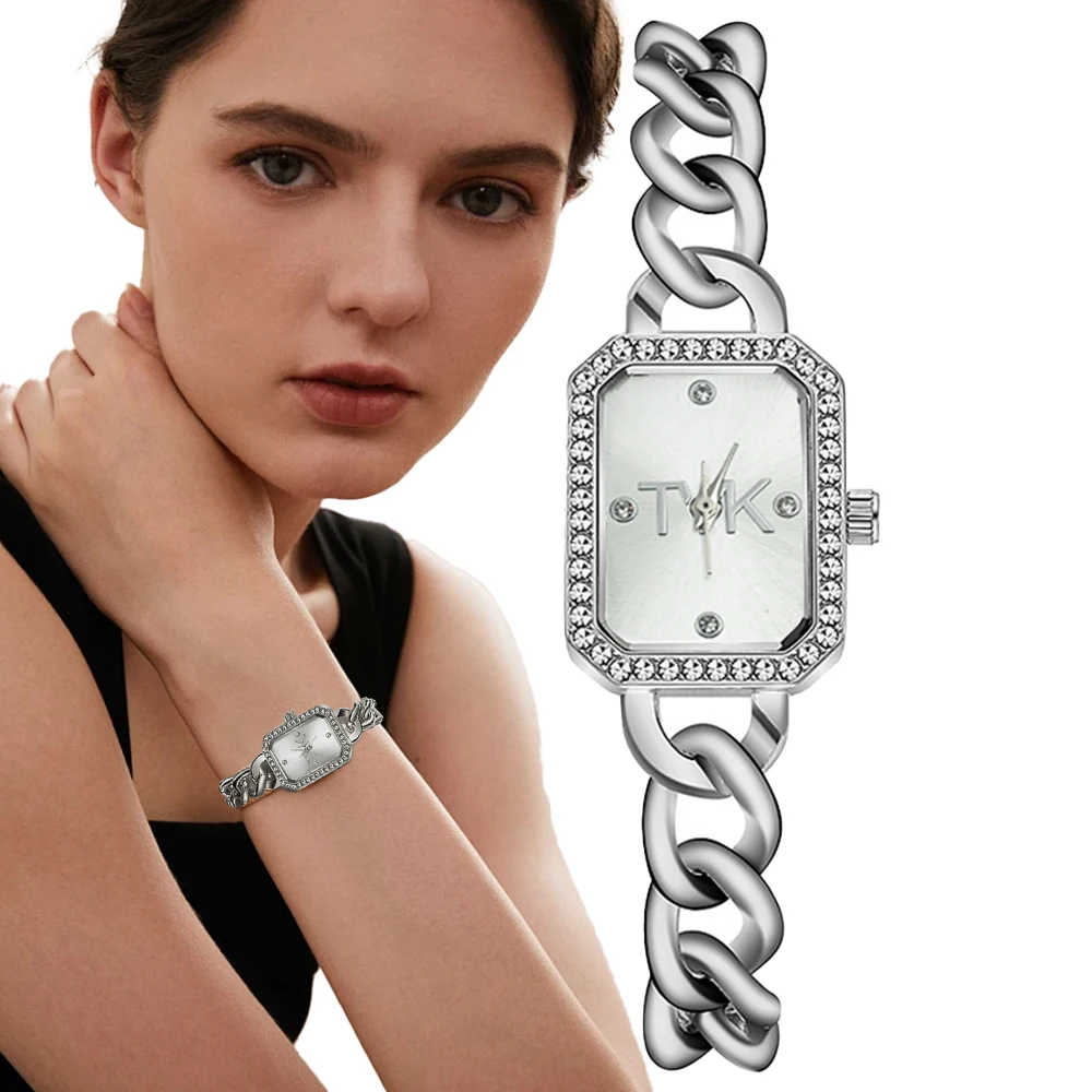 

TVK Brand Women's Square Diamonds Simple Design Quartz Watch Fashion Silver Bracelet Ladies Dress Clock Gift Wristwatch
