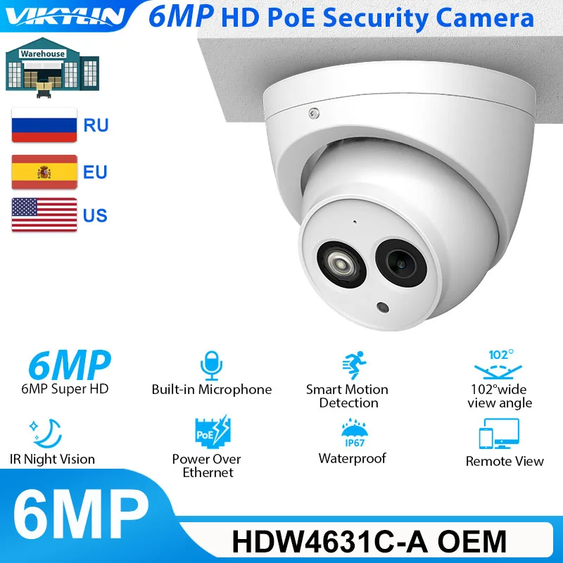 

Vikylin For Dahua OEM IP Camera Security IPC-HDW4433C-A 6MP IPC-HDW4631C-A Camara Surveillance Night Vision IR PoE Built-in Mic