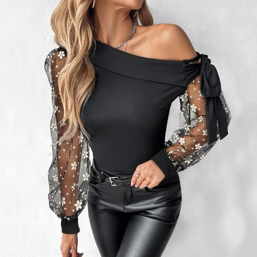 

Spring Blouse Elegant Flower Embroidery Mesh One Shoulder Blouse with Lace Up Detail Hollow Out Design for Women's Fashion Soft