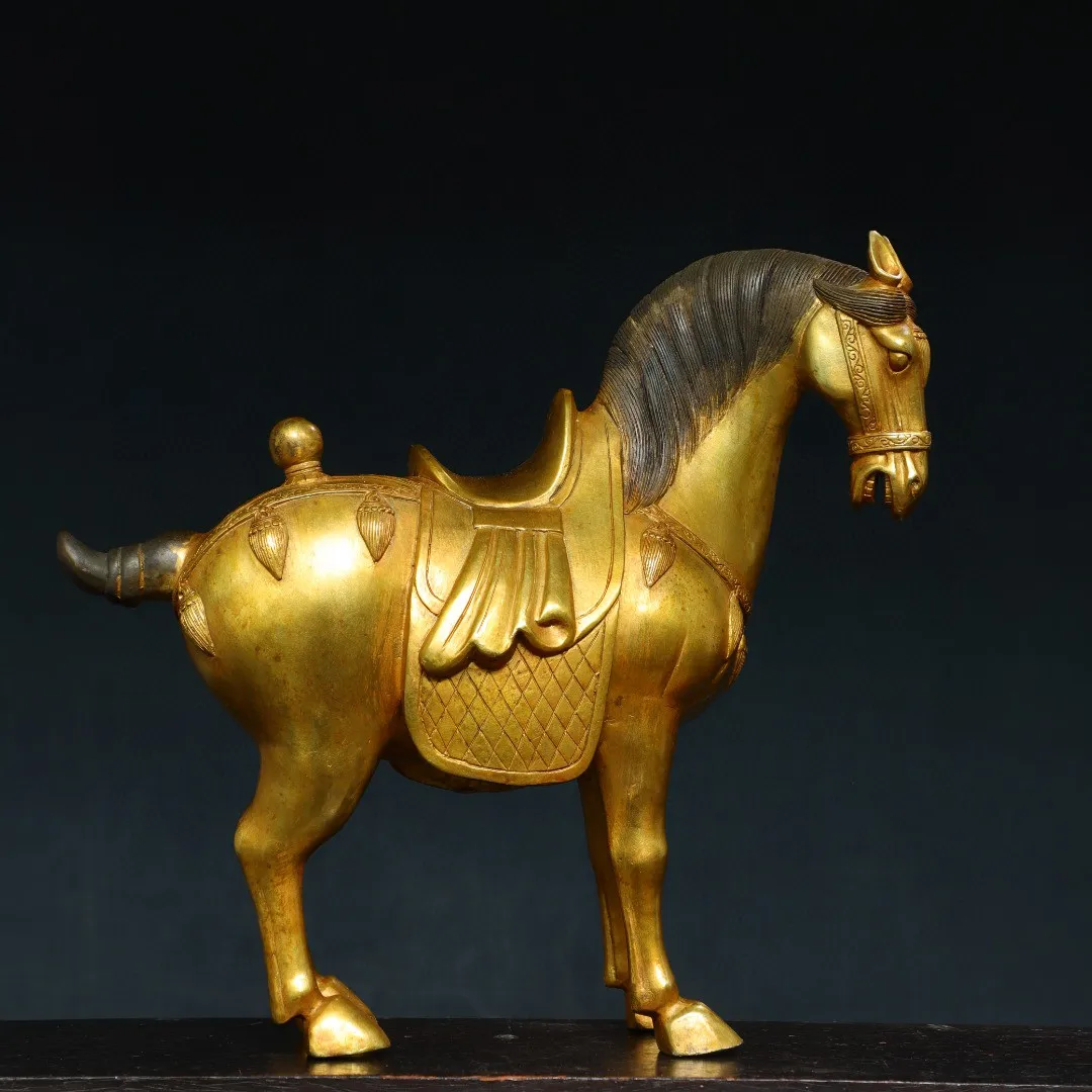 

Латунная позолоченная лошадь Тан для входа в магазин товаров, офис, античное украшение стойки, канцелярские принадлежности, 36 см
