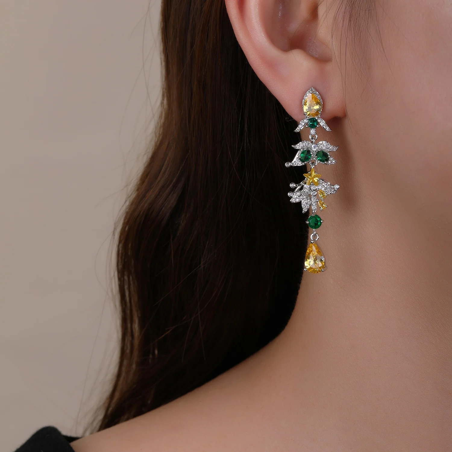 High Quality Cubic Zirconia Star Leaf Shape Dangle Drop Women Long Earrings for Wedding Party Wear CE12095 1 S3b33678b81dc401e8d98dbe73a16dc0bE