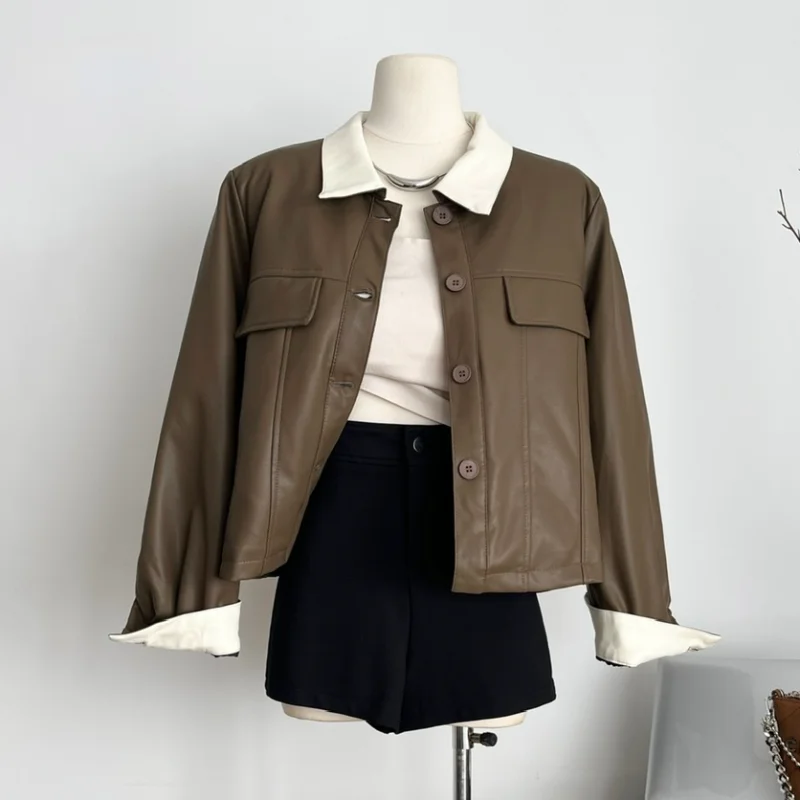 Small Fragrance Leather Color Matching Fashion Casual Coat Spring Autumn Black Brown Simple Korea Basic Leather Jacket Women
Small Fragrance Leather Color Matching Fashion Casual Coat Spring Autumn Black Brown Simple Korea Basic Leather Jacket Women