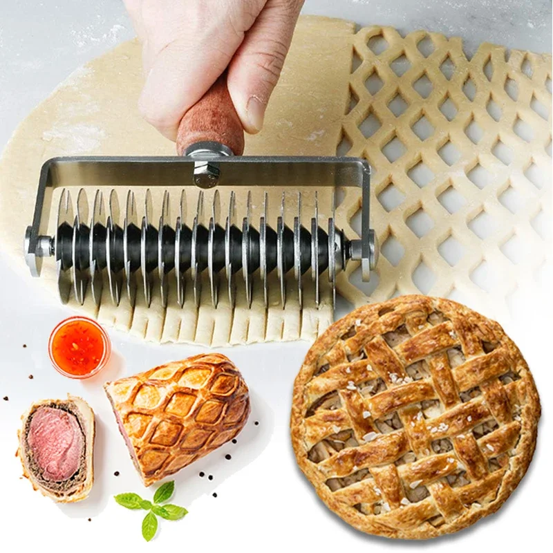 

Stainless Steel Pastry Lattice Cutter Dough Cookie Pie Pizza Bread Pastry Roller Cutter with Wood Handle Pasta Tool DIY Bakeware