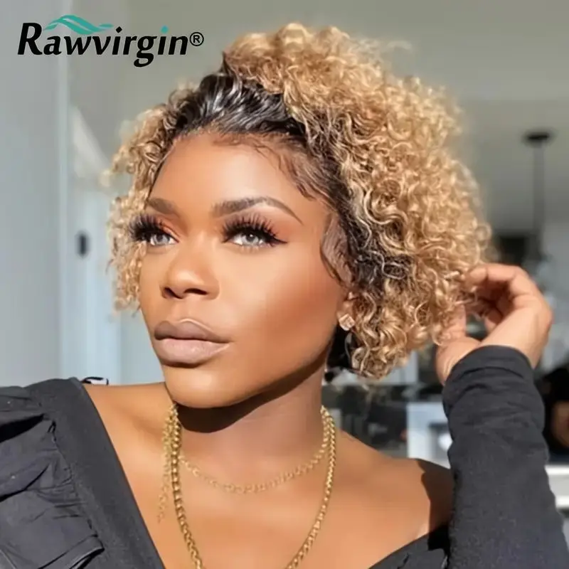 

Pixie Cut Wig 100% Human Hair 1B/27 Honey Blonde Short Bob Curly HD Lace Front Human Hair Wigs 13X1 Water Jerry Wave Curly