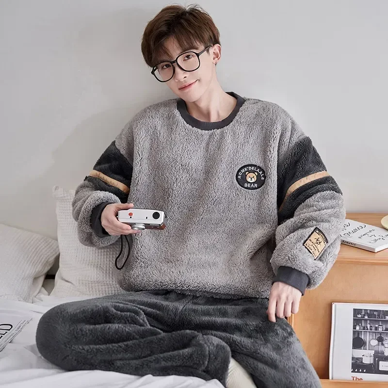 

New Pajama Men Coral Warm Flannel Long Velvet Plus 2023 Homewear Pyjama For Size Winter Clothes Thick Sleepwear Sleeve Sets Home