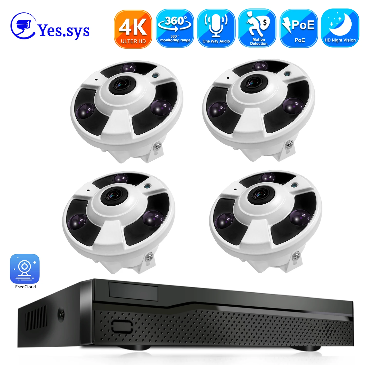 

Eyes.sys 4pcs 8MP Fisheye IP Camera 4K 360 Degree Wide Angle Panoramic Security Camera 8CH POE NVR Security CCTV System