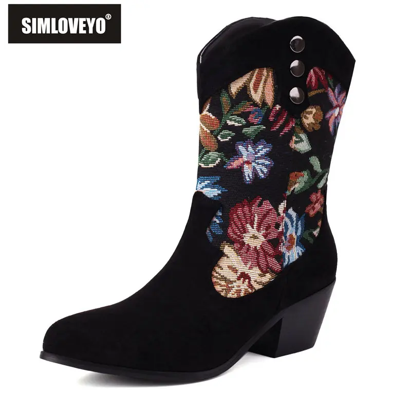 

SIMLOVEYO Flock Suede Women Western Boots Round Toe Block Heels 5.5cm Slip On Flower Fashion Shoes Big Size 42 43 Mid Calf Bota