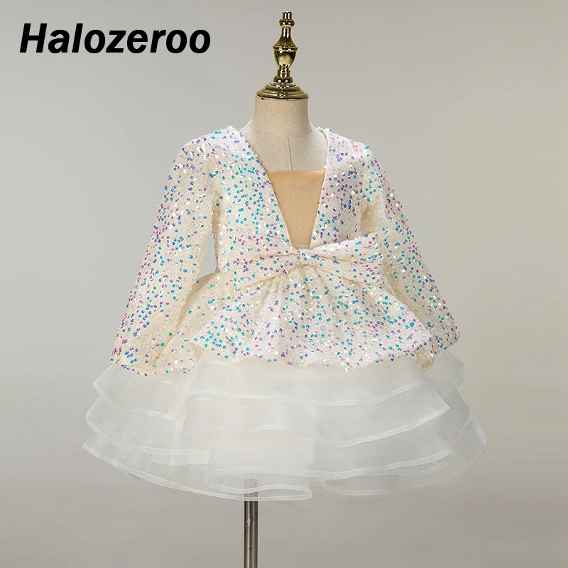 

New Baby Girls Bow Princess Vintage Dress Tulle Children Vestido Kids Bling Wedding Party Birthday Tutu Dress Fashion Ball Gown