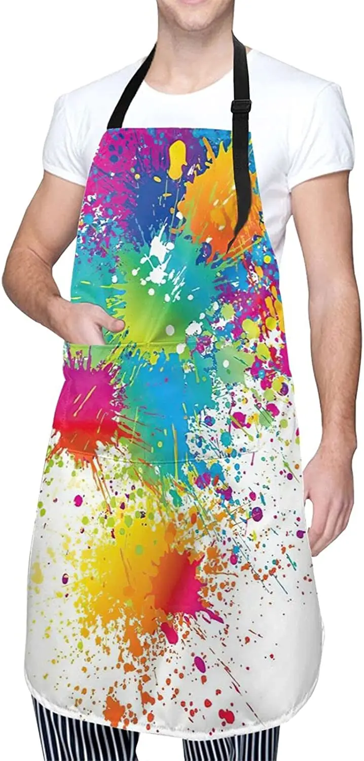 

Adjustable Bib Apron Waterdrop Resistant Rainbow paint Aprons With Pockets for Women Men Apron for Chef Couple BBQ Painting