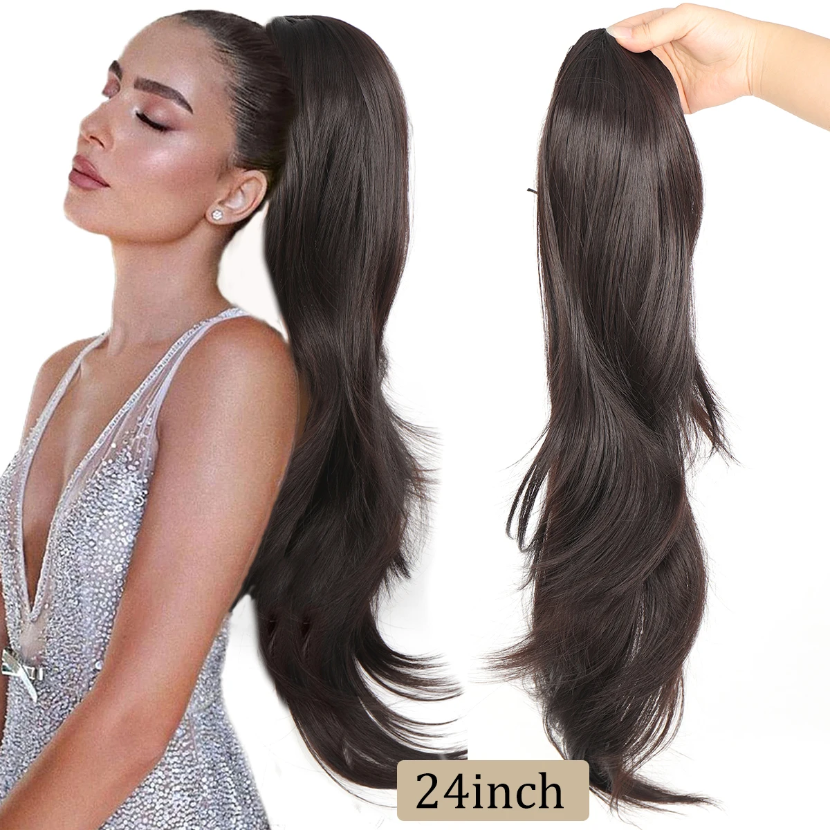 

Dark Brown Ponytail Extension Straight Drawstring Pony Tails Hair Extensions Long 22-26inch Synthetic Fake Ponytails Natural