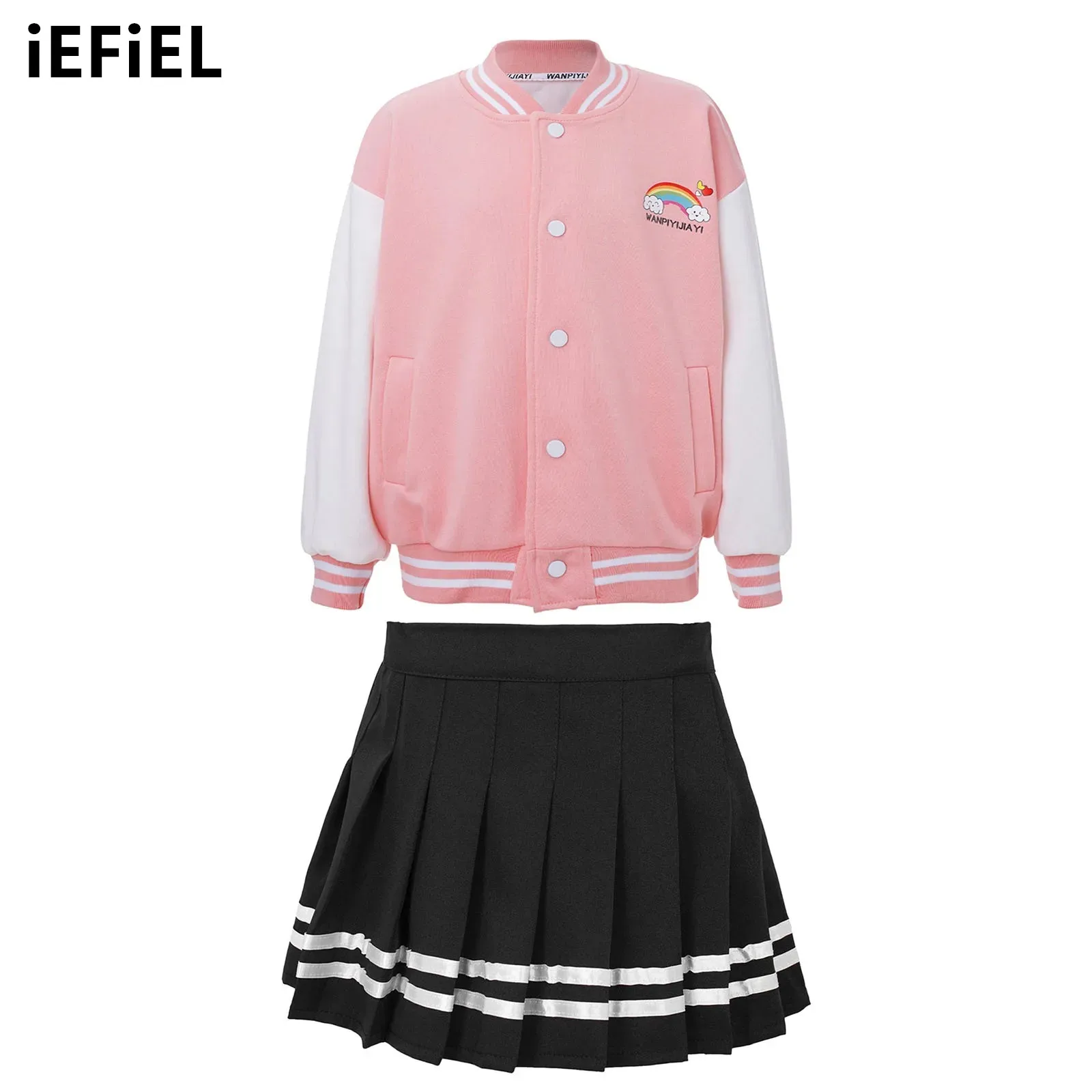 Kids Girls Baseball Uniform Suit Rainbow Print Long Sleeve Sweatshirt Outwear with Elastic Waistband Striped Hem Pleated Skirt
Kids Girls Baseball Uniform Suit Rainbow Print Long Sleeve Sweatshirt Outwear with Elastic Waistband Striped Hem Pleated Skirt