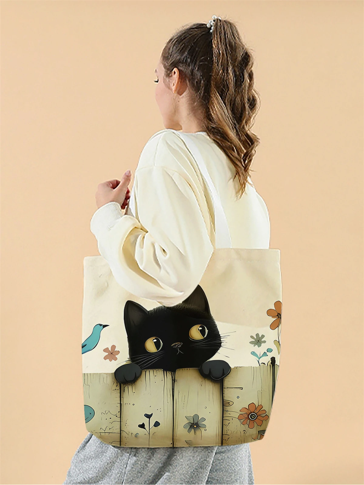 Cat Flower Pattern Handbag - Reusable Fashionable Canvas Shopping Bag 2 S3b407a2264ad48b5acbff986815939f3L