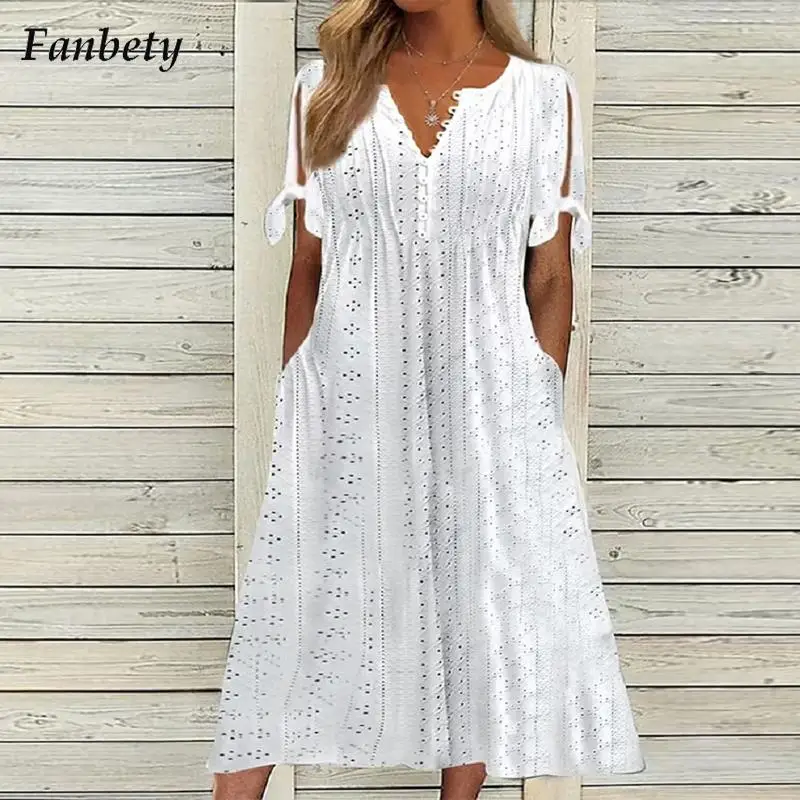 Women Sexy Hollow Out Bow Short Sleeve Dresses Fashion Waist Pocket Long Dress Ladies Casual Buttoned V Neck Lace Dress Vestido
Women Sexy Hollow Out Bow Short Sleeve Dresses Fashion Waist Pocket Long Dress Ladies Casual Buttoned V Neck Lace Dress Vestido
