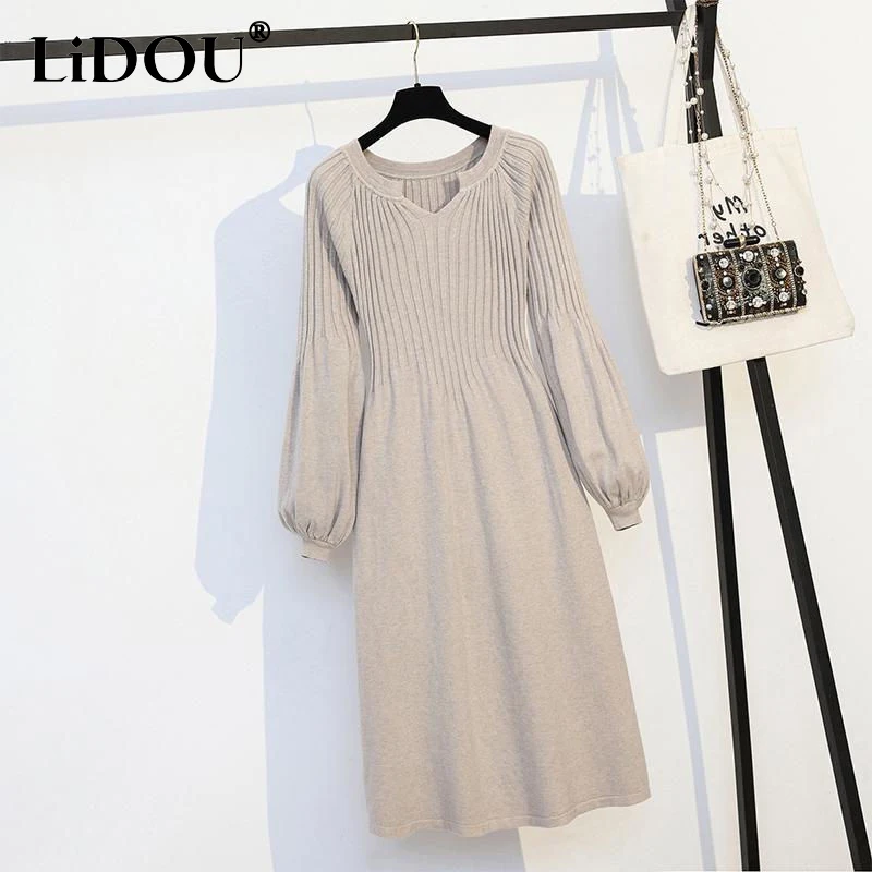 Autumn Winter New Solid Color Fashion Lantern Sleeve Knitted Dress Women High Street Casual Elegant Midi Dresses Vintage Robe
Autumn Winter New Solid Color Fashion Lantern Sleeve Knitted Dress Women High Street Casual Elegant Midi Dresses Vintage Robe