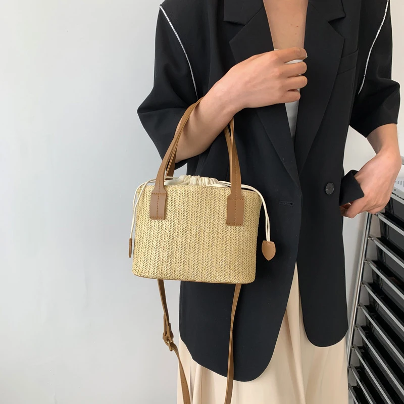 Knit Straw Bucket Tote - Woven Beach Travel Bag with Wrist Handle 10 S3b46ab42b8324db99f8b2d959cd19d48q