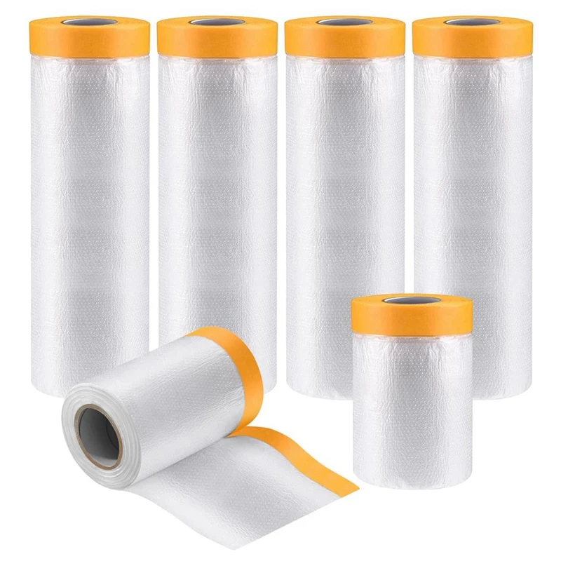 

6Rolls Tape And Drape, Pre-Taped Masking Film For Automotive Painting Covering, Masking Paper Film, (66-Feet, 3 Sizes) Durable