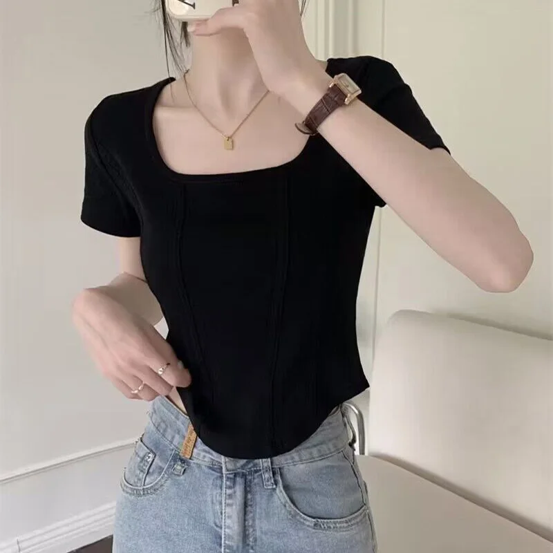 

2024 New Summer Oversized Simplicity Aesthetic Office Lady Cropped Top Solid Color Retro Striped Short Sleeve V Neck Women's Top