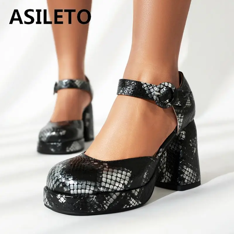 

ASILETO Fashion Women Pumps Round Toe Block High Heels 9.5cm Platform 2cm Buckle Strap Plus Size 47 48 Plaid Mixed Party Shoes