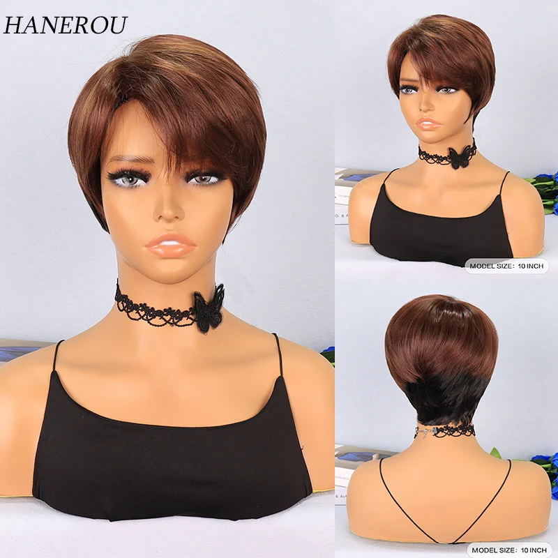 

Synthetic Short Pixie Cut Mixed Black Wigs Natural Straight Layered Wig with Fluffy Bangs for Women Daily Heat Resistant Hair