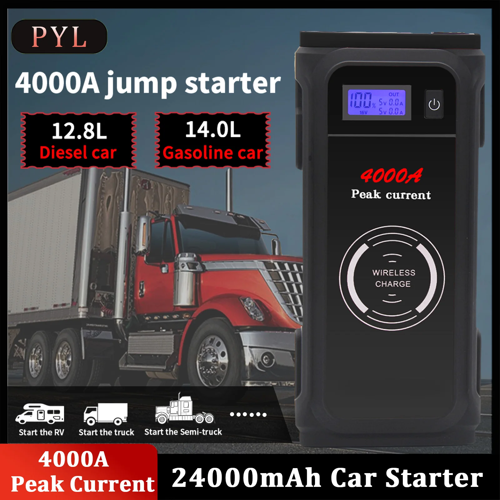 4000A Car Portable Jump Starter Power Bank 24000mAh Emeygency Vehicle Tools 12V Car Starter Device Phone Wireless Charging
4000A Car Portable Jump Starter Power Bank 24000mAh Emeygency Vehicle Tools 12V Car Starter Device Phone Wireless Charging