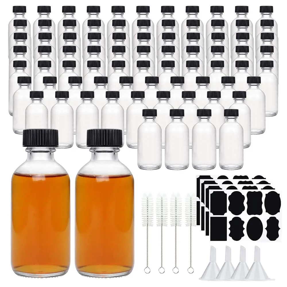 

2oz Small Clear Glass Bottles with Lids Glass Containers Round Sample Bottles for Juice, Oils, Ginger Shots, Whiskey, Liquids